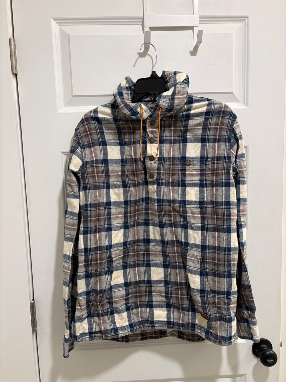 LL Bean Men's Plaid Pullover Flannel Shirt Jacket - Cream, Navy & Brown